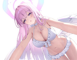 1girl  o angel wings bikini blue archive blush breasts choker cleavage commentary feathered wings frilled bikini frills…