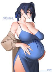 1girl arichuu u blue dress blue eyes blue hair breasts brown cardigan cardigan cleavage commentary covered navel dress …