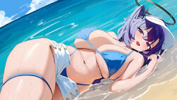 1girl absurdres bikini black halo blue archive blue bikini blue eyes blue hair blue sky blush breasts cleavage cloud cl…