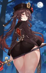 1girl  d ass ass focus ass on staff ass rest ass support black hat black shorts blue sky brown hair brown shoes cloud c…