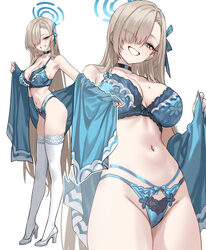 1girl absurdres alternate costume asuna (blue archive) bare shoulders blonde hair blue archive blue bra blue halo blue …