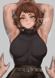 1boy 1girl absurdres armpits arms up belt black shirt blush boku no hero academia breasts brown belt brown eyes brown h…
