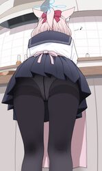 1girl animal ear fluff animal ears apron ass black pantyhose blue archive blue halo bow commentary crotch seam eighth n…