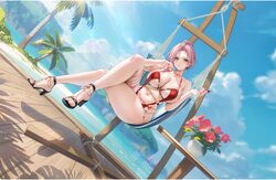 1girl armlet artist name azur lane beach black shoes blue sky blush breasts closed mouth cloud cloudy sky cocktail glas…