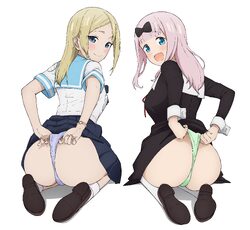 2girls absurdres ass black bow black dress blonde hair blue eyes blue ribbon blue sailor collar blue skirt blush bow br…