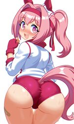 1girl animal ears ass ass focus bandaid bandaid on leg bow buruma commentary ear bow ear covers fingerless gloves flowe…