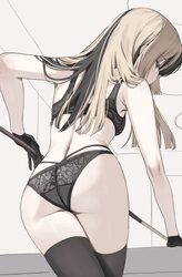 1girl absurdres alt text ass black bra black gloves black hair black thighhighs blonde hair blue eyes bra breasts comme…