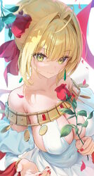 1girl absurdres ahoge bare shoulders blonde hair blush bracelet braid breasts cleavage commentary detached sleeves dres…