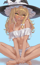 1girl alternate costume barefoot bikini blonde hair blue background blush bow braid breasts cleavage commentary request…