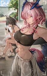 2girls abs absurdres ahoge animal ears arknights arknights  endfield black gloves black hair black sports bra blue horn…