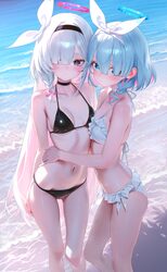 2girls absurdres alternate costume arona (blue archive) asymmetrical docking beach bikini black bikini black choker bla…