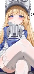 1girl ? absurdres blonde hair blue jacket blush closed mouth commentary crossed legs gloves grey hat grey helmet hand o…