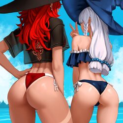 2girls ass ass focus back beach blue sky borrowed character breasts cloud day facing away from behind hat highres horiz…