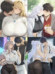 1boy 4girls absurdres alternate costume apple apel ass black hair black pants black shirt blue eyes blush bra bra visib…
