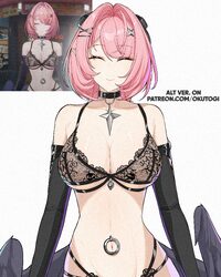 1girl absurdres black bow black bra black gloves black panties black wings bow bra breasts cleavage commentary elbow gl…