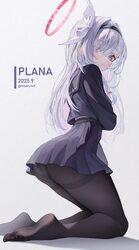 1girl artist name ass black pantyhose black serafuku black skirt blue archive bow braid character name chinese commenta…