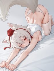 1girl absurdres animal ear fluff animal ears ass blush breasts cat stretch closed mouth commentary request crop top cro…
