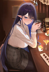 1girl absurdres bar (place) black hair blue archive blue eyeliner blue eyes blue hair blush breasts colored inner hair …