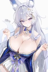 1girl  o absurdres animal ear fluff animal ears azur lane bare shoulders blue eyes breasts cleavage curvy detached coll…