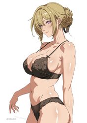 1girl bare shoulders black bra black panties blonde hair bra breasts cleavage collarbone commentary request cowboy shot…