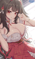 1girl bare shoulders blush breasts brown hair cleavage commentary request frilled shirt frilled shirt collar frills hai…