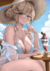 1girl absurdres ade (nikke) bikini blonde hair blue sky braid braided base breasts bun with braided base commentary foo…