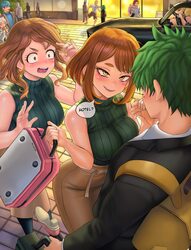 6+girls absurdres ashido mina bakugou katsuki bare shoulders black pantyhose black sweater blush boku no hero academia …