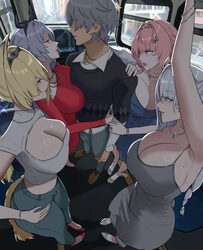1boy 4girls absurdres alternate costume anger vein animal ears arm up black horns black sweater blonde hair blue dress …