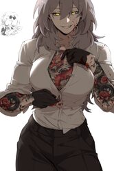 ... 2girls absurdres arm tattoo backlighting black gloves black pants blood blood on clothes blood on face blood splatt…