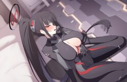 1girl black bodysuit black hair black halo blue archive blush bodysuit breasts bright pupils center opening cleavage fu…
