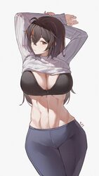 1girl abs absurdres alternate hairstyle arms up black bra black hair bra breasts clothes lift commentary grey pants gre…
