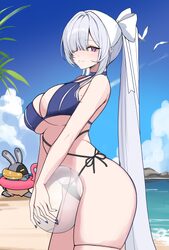 1girl absurdres alternate costume ball bangboo (zenless zone zero) beach bikini blue bikini blue nails blue pupils blue…