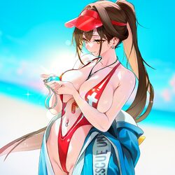 1girl animal costume beach bird costume blue gem blurry blurry background breasts brown hair chela77 cleavage collarbon…
