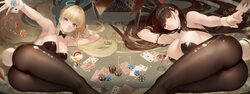 2girls absurdres alternate costume animal ear hairband animal ears ass between fingers black bow black bowtie black hai…