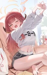 1girl absurdres alternate costume aru (blue archive) barefoot black shorts blue archive blush breasts clothes writing c…