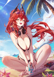 1girl alternate costume beach bikini black bikini black nails blue sky breasts breasts squeezed together can cassette p…