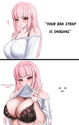 1girl 2koma ? black bra bra breasts clothes lift comic commentary english text highres hololive hololive english lace-t…