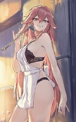 1girl apron bare shoulders black bra black panties bra breasts commentary english commentary genshin impact grin highre…