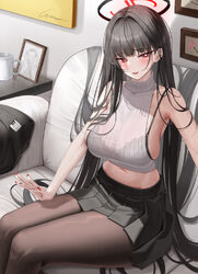 1girl absurdres bare shoulders black bra black hair black halo black pantyhose black skirt blue archive blush bra breas…