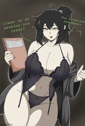 1girl alternate breast size (larger) black hair breasts commentary condom condom in mouth condom wrapper english commen…