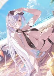 1girl arm strap beach beach towel bikini black bikini black choker black slingshot swimsuit blue sky breasts choker cin…