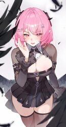 1girl black dress black shrug black thighhighs black wings blush breasts commentary dress feathered wings fingernails h…
