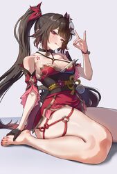 1girl armpit crease bare shoulders barefoot bell black choker black gloves breasts brown hair choker circle facial mark…