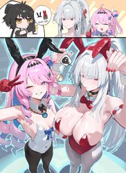 3girls absurdres ahoge alternate costume animal ear hairband animal ears arms up bare shoulders black hair black hairba…