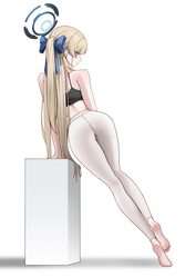1girl 4meart0112 absurdres alternate costume ass barefoot black tank top blonde hair blue archive blue halo bow breasts…
