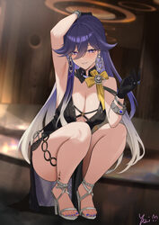 1girl absurdres arm up armpits bare shoulders black dress black gloves blurry blurry background breasts cleavage commen…