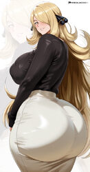 1girl absurdres alternate breast size (larger) arcedo ass bilingual commentary black shirt blonde hair blush breasts co…