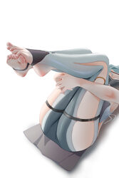 1girl absurdres blue hair commentary request feet highres hugging own legs latex latex pants leg focus legs up lx648372…