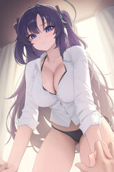 1girl absurdres black bra black halo black panties blue archive blue eyes blush bra breasts collared shirt commentary h…