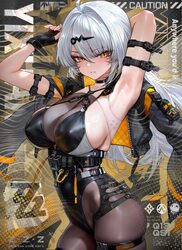 1girl absurdres alternate costume arm belt armpit focus armpits black bodystocking black gloves black jacket black leot…